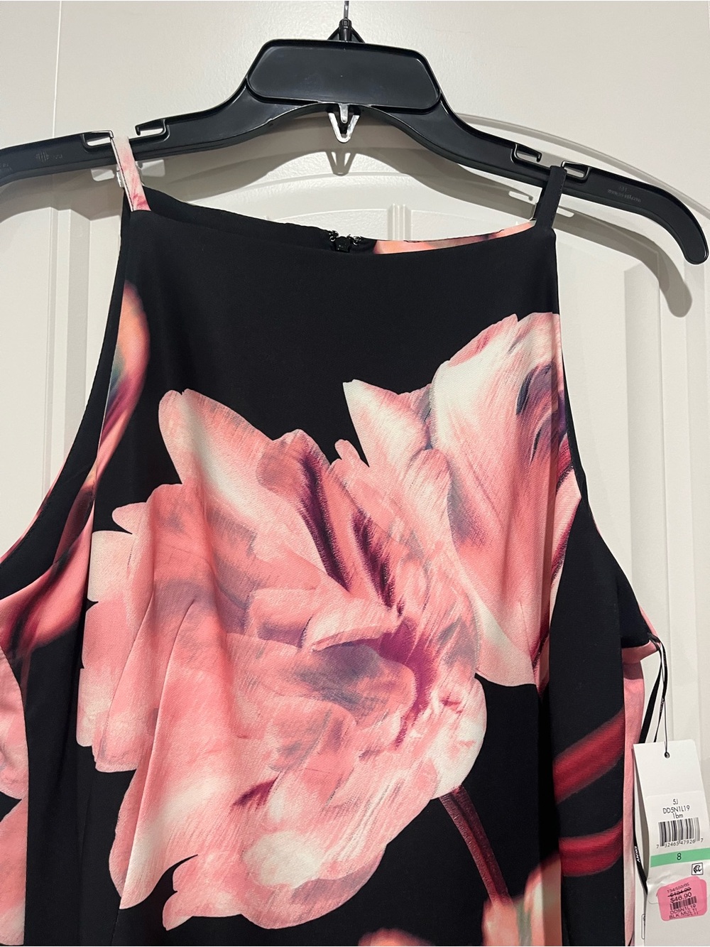 Dkny Black Midi Dress with Pink Floral Motif
